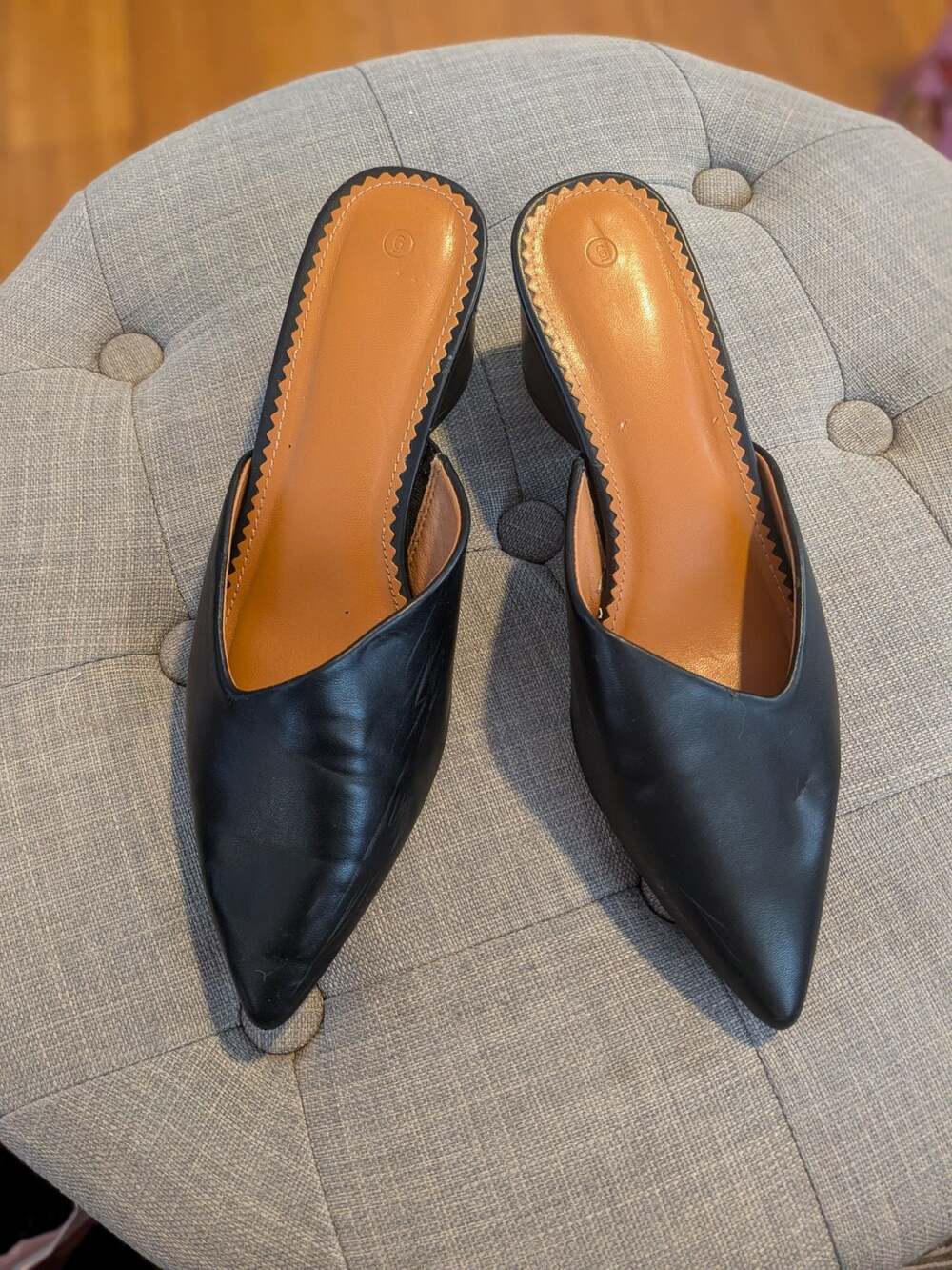 Women's Black Pointed Toe V-Cut Mules Chunky Block Heel Slip-On Dress Shoes Size